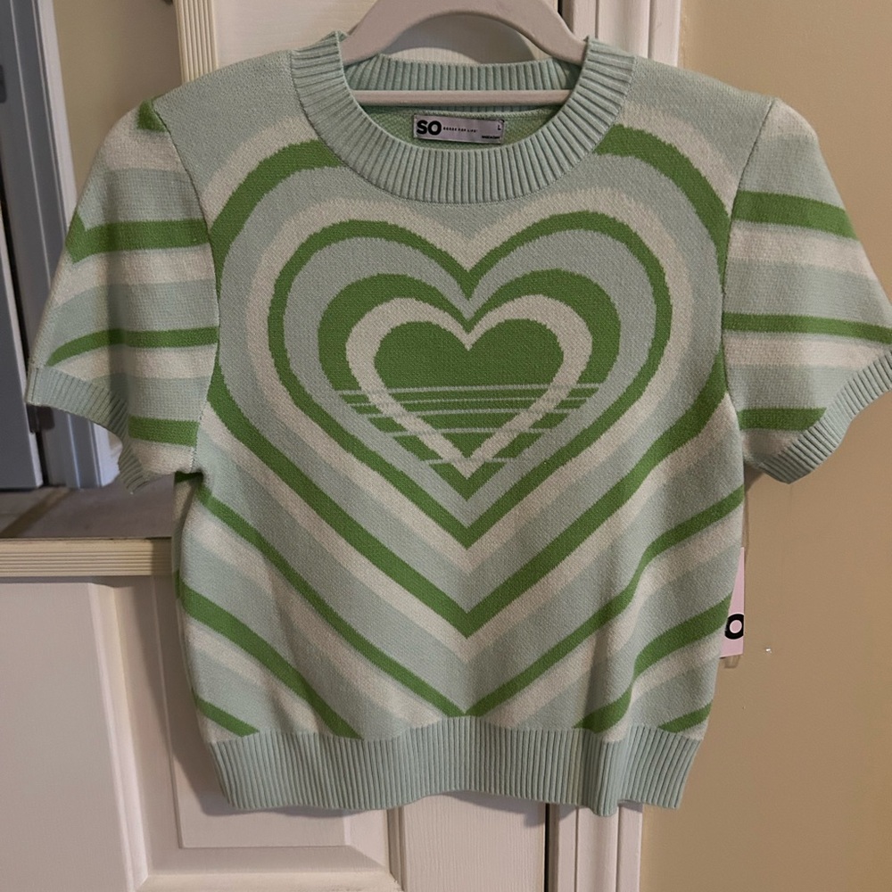 SO Mint and White Heart Sweater